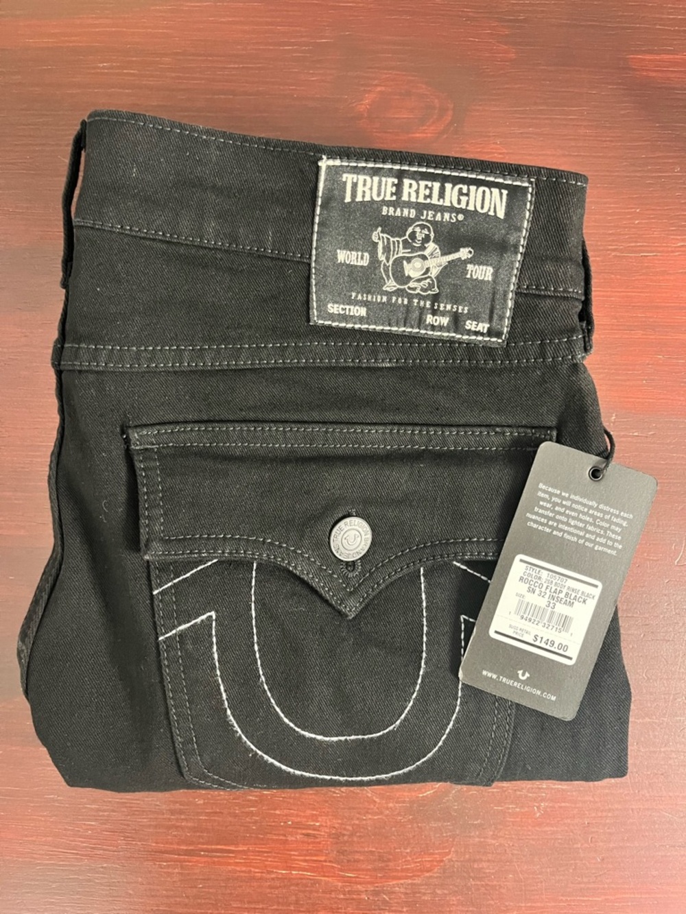 True Religion Jeans Men's 33x32 Rocco Flap Pocket Relaxed Skinny Black Stretch